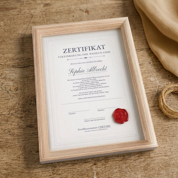 Holzrahmen für Promise-Zertifikat in hellem Holz