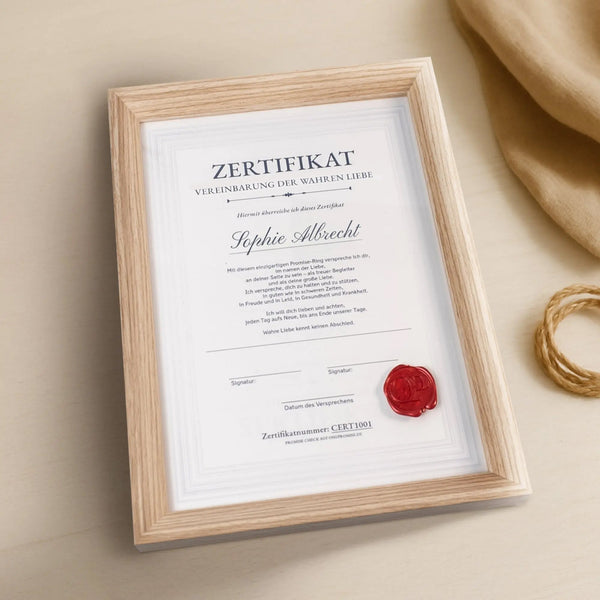 Holzrahmen für Promise-Zertifikat in hellem Holz